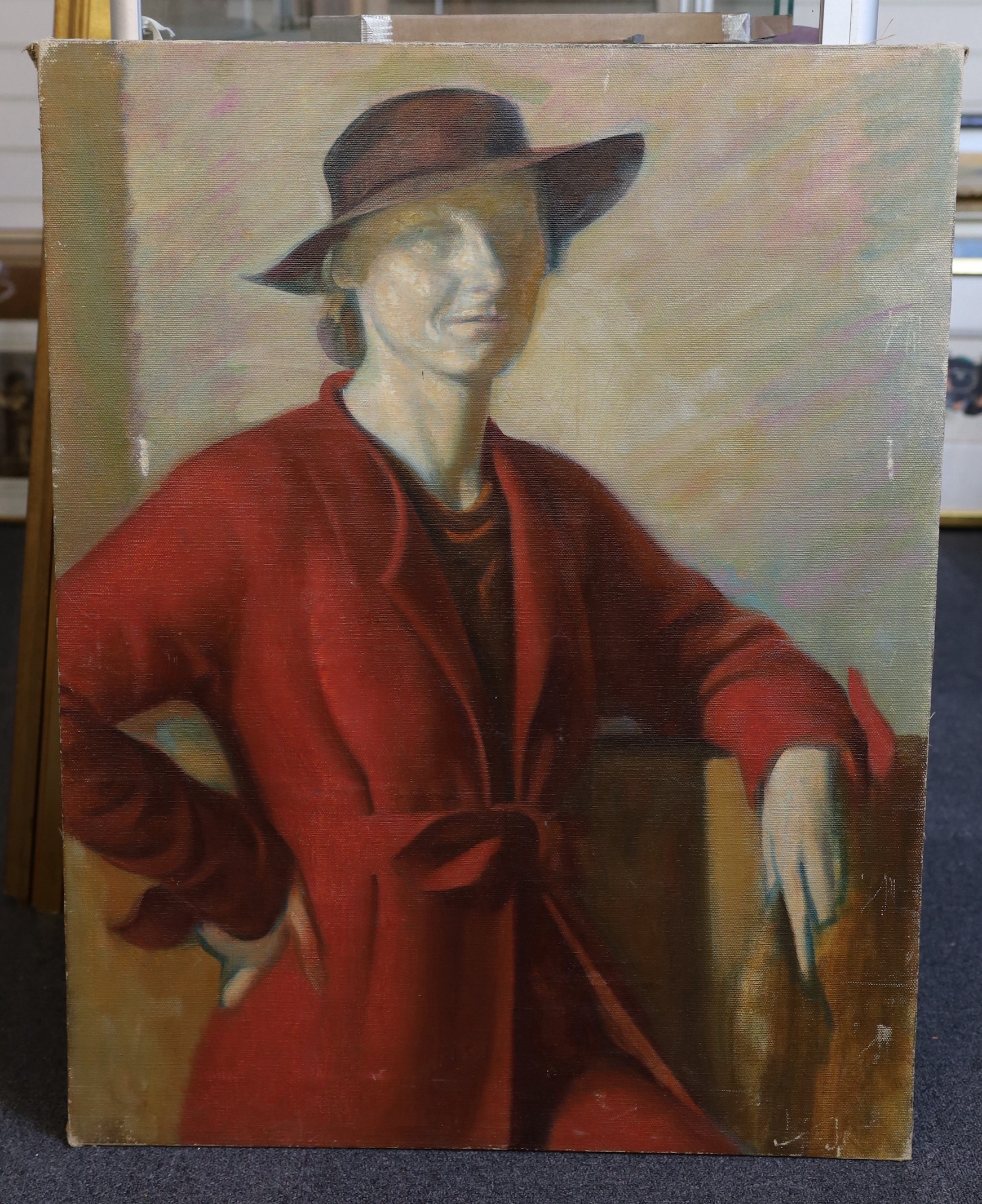 James Stroudley (British, 1906-1985), Portrait of a woman wearing a red coat, oil on canvas, 92 x 71cm, unframed